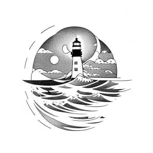 Light House With Moon And Waves Thick Lines
