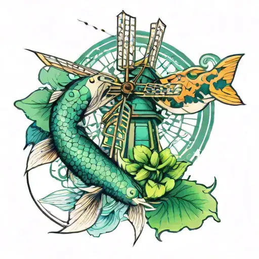 Green Ink Tattoo Featuring A Japanese Watercolor Style Koi In Front Of A Dutc H Windmill