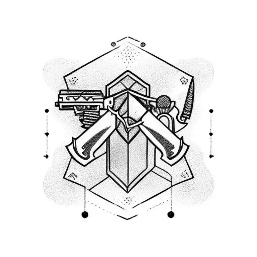 A Majestic Blackwork Tattoo Of A Hunting Rifle Intertwined With Cryptocurrency Symbols