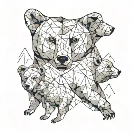 Bear With Two Children In The Forest And Mountain Landscape With A