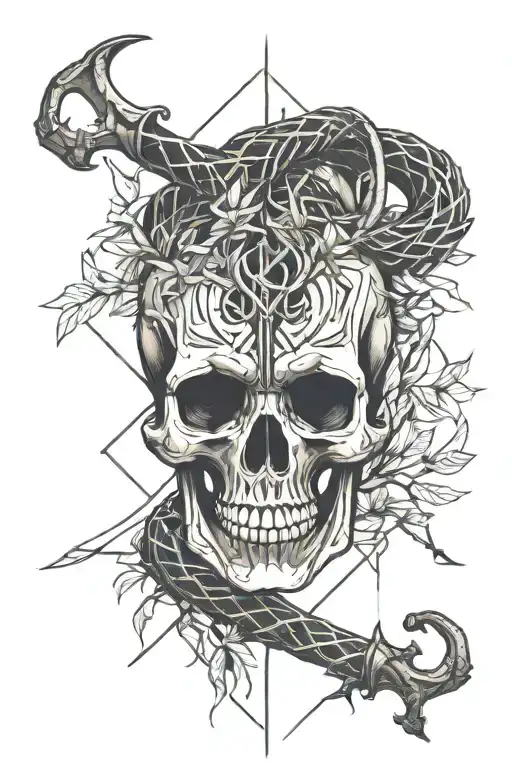 Skull Surrounded By Black Mamba Snake Intertwined Infront Of Ash Tree And Swords