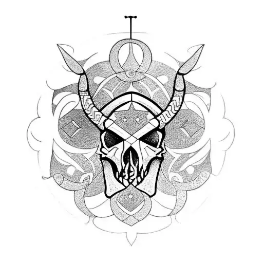 Taurus Skull With Lilly Wreath Around It And A Cross Behind It All