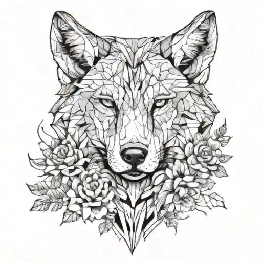 Wolf And Flowers Intertwined