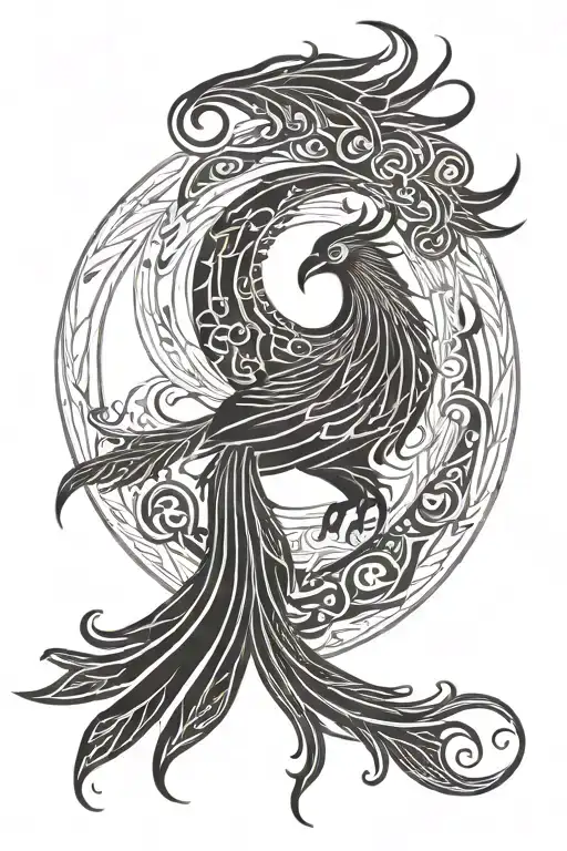 Phoenix Over A Circle Sun With Flames Twirling Into The Tail Of The Phoenix