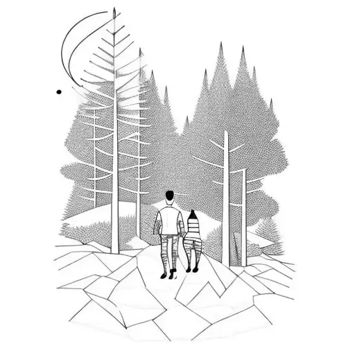 Two People Hiking With A Dog Through A Pine Forest