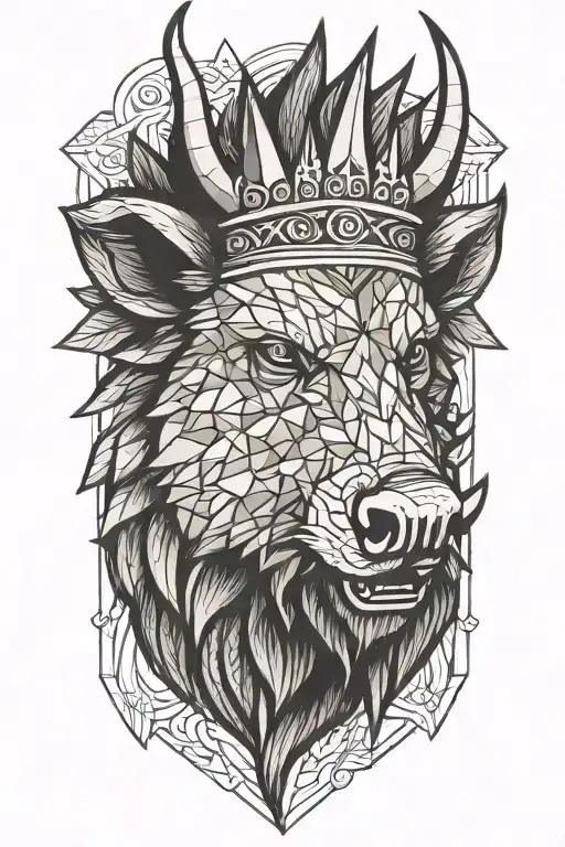 Angry Boar Head Wearing A Crown With Wings And A Geometric Background