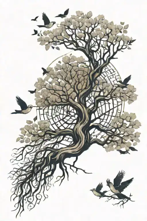 Tree With Roots And Birds Flying