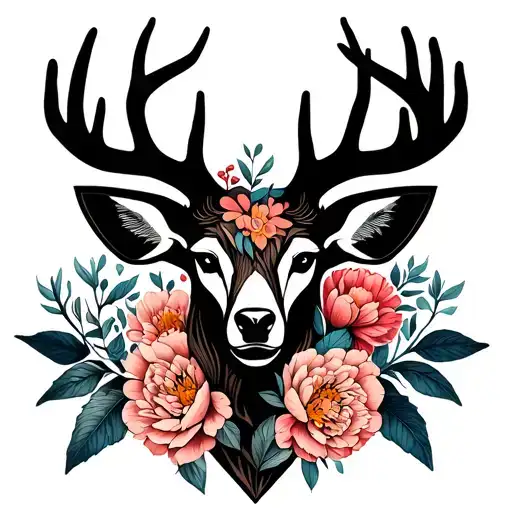 Cerf Head In Fine Black Line With Half The Side Covered With Wood Flowers Including Peonies