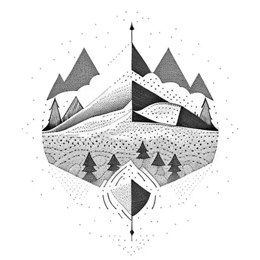 A Dotwork Tattoo Of A Mountain Landscape With A Football Goal Post In The Foreground
