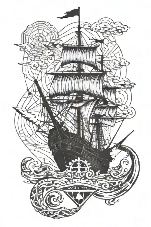 Pirate Ship With An Anchor And A World Map