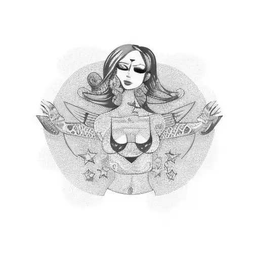 Full Body Pretty Music Siren With Red Hair And Tattoos Teal Background