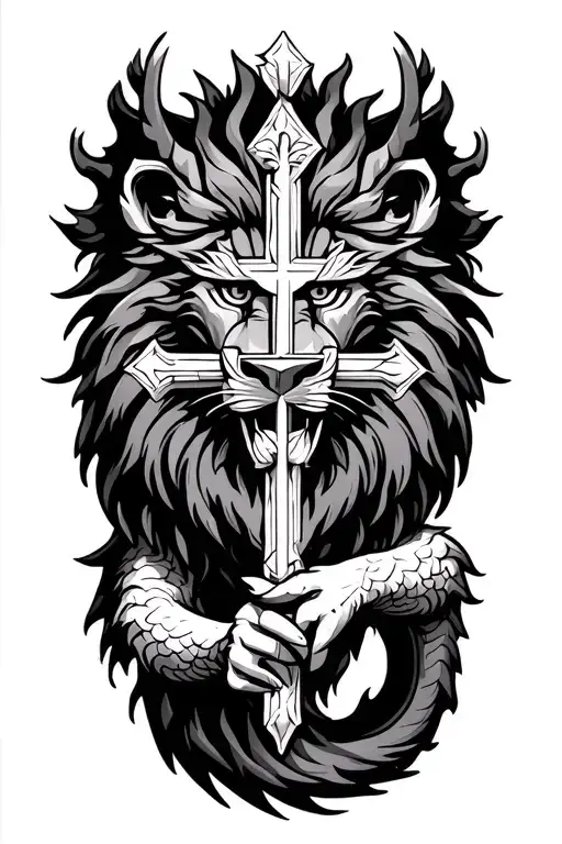Lion Head On Dragon Body Holding Small Crucifix Not Symetrical