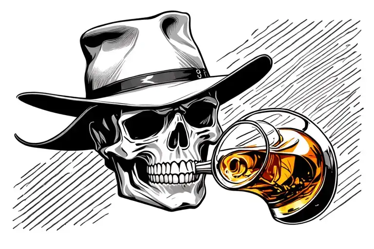 Skull Wearing Cowboy Hat Drinking Whiskey