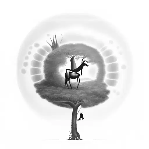 Magic Tree Growing From Palm Simbolising Life And Death Horses Birds Around