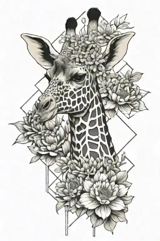Giraffe With Larkspur And Water Lily
