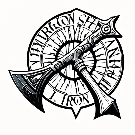 Black And White Cybernetic Axe Tattoo Saying Iron Sharpens Iron