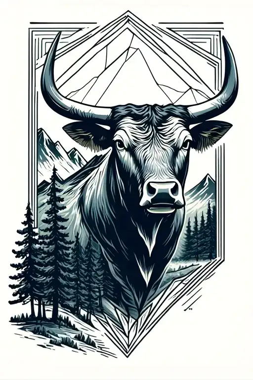 Bull Head Realist With Mountains Forest Landscape