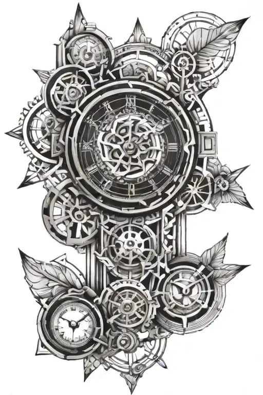 Clock With Filler Tattoo Featuring Lines Connecting Various
