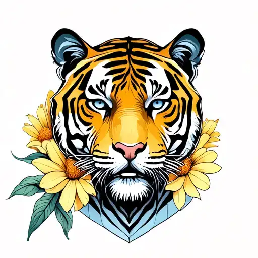 Tiger Head Surrounded By Marigold Peace Lilly Line Work