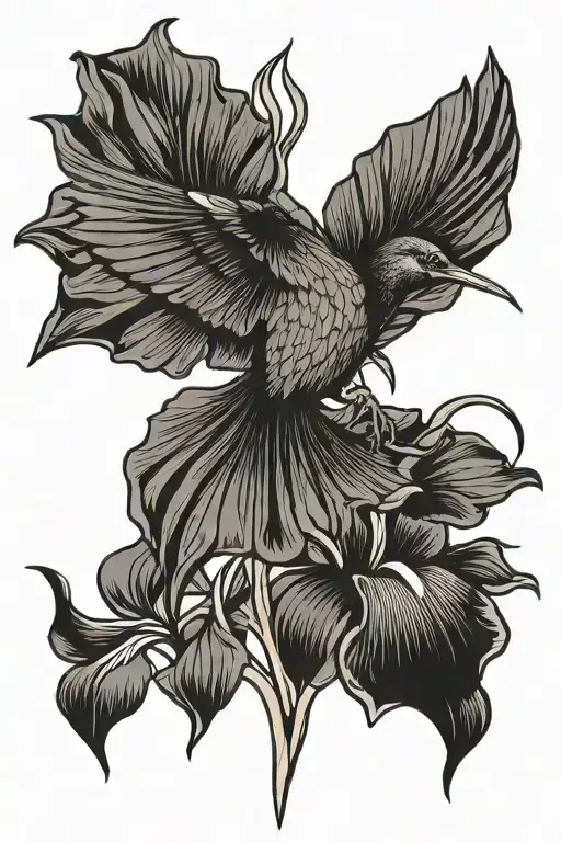Black Iris Flower With Palestinian Sun Bird Flying
