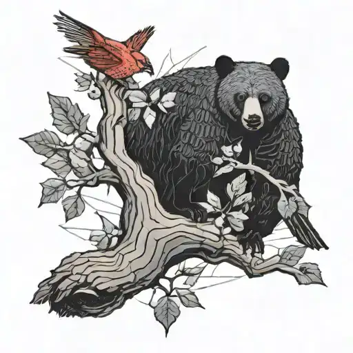 Beehive Bees Black Bear In Tree With Cardinals