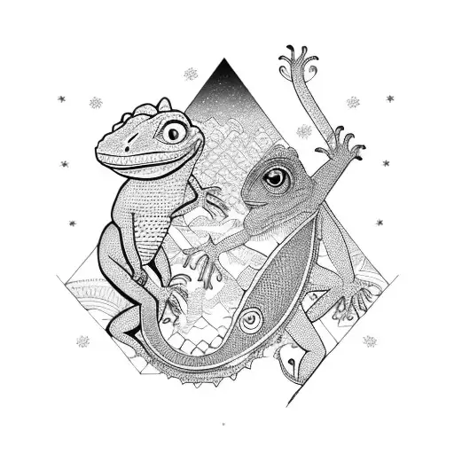 A Lizard And Monkey In A Stylized Geometric Landscape With Visual Art Elements