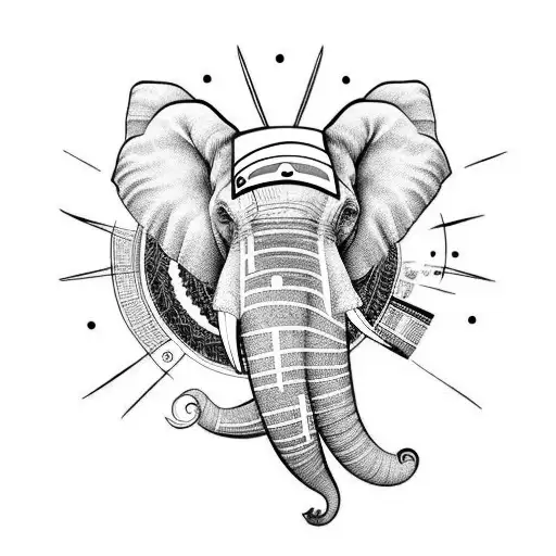 An Elephant's Head With A Third Eye Located On The Forehead In Line Art Style