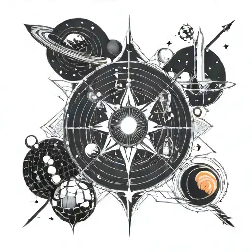 Solar System And Rocket And Astronaut And Vertical And Spaced Wind Rose