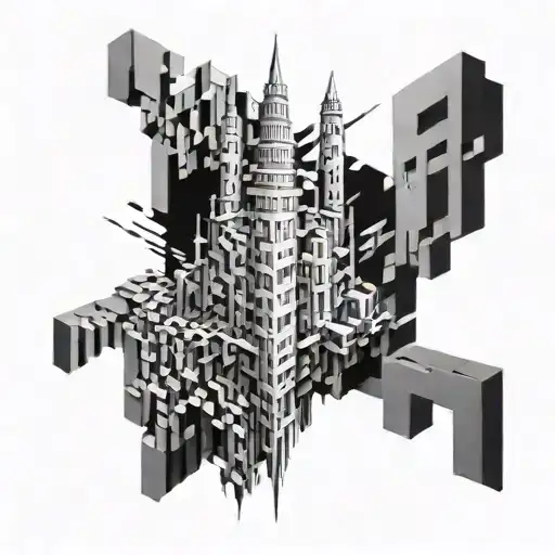 Abstract Tattoo Depicting A Floating Tower Made Of Lots Of Small Squares That Collapses Downward