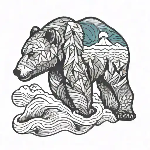 California Bear With Mountain And Ocean Waves Forming