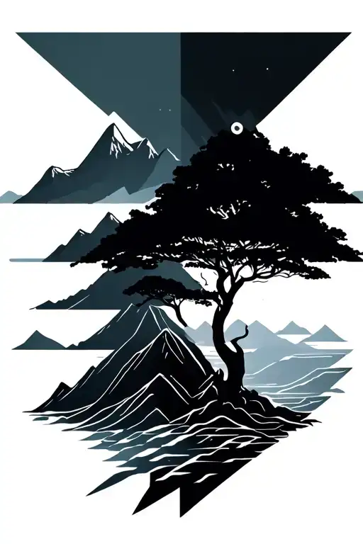 Ocean And Mountain With Tree