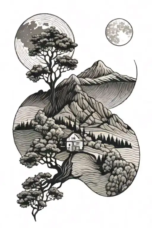 Minimal Small Hill With A Tree And A Full Moon On The Upper Right