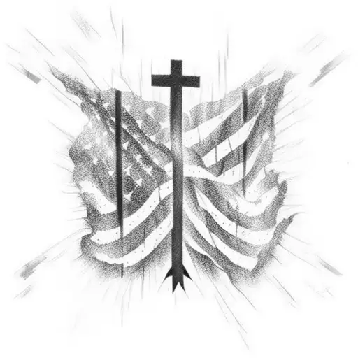 Black And White Tattered American Flag Flying Around Cross