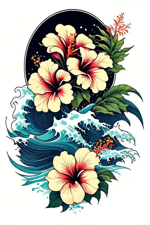 Ocean Waves Crashing In The Background Hibiscus Flowers On The Bottom