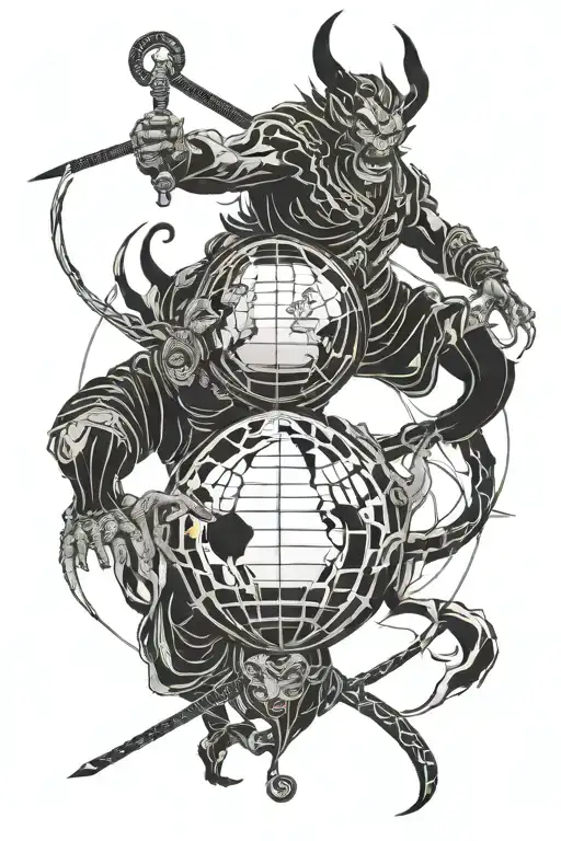 Two Japanese Demons Holding The Earth Globe From Below Together With Their Katanas Ready To Fight