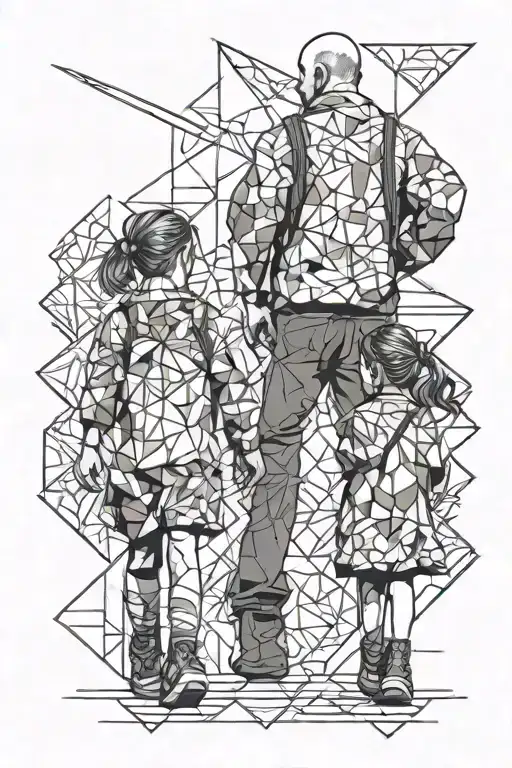 Two Little Girls And Dad Walking Along