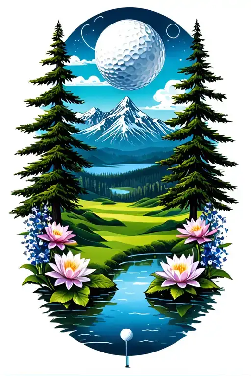 Mystical Golf Course Landscape With Golf Ball Mountain Flowers Pine Trees Water Lily Larkspur
