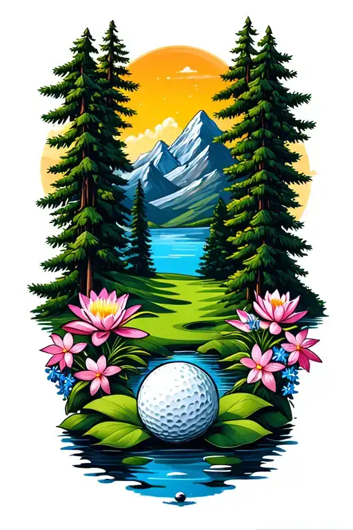 Mystical Golf Course Landscape With Golf Ball Mountain Flowers Pine Trees Water Lily Larkspur