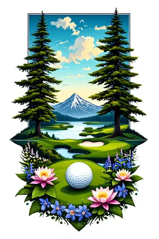 Mystical Golf Course Landscape With Golf Ball Mountain Flowers Pine Trees Water Lily Larkspur