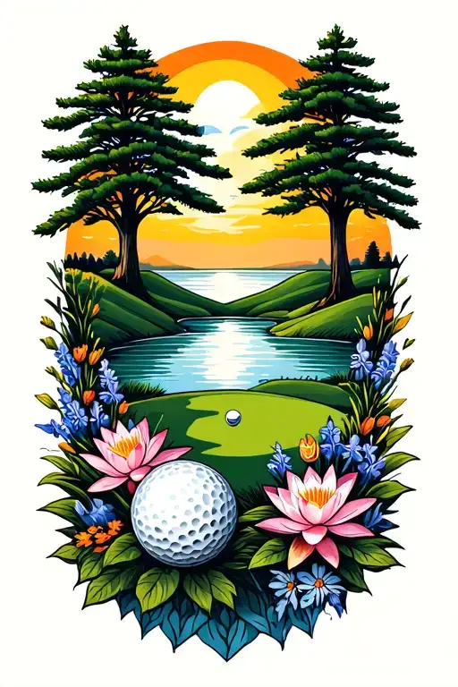 Golf Course Landscape With Golf Ball Rolling Hills Flowers Pine Trees Water Lily Larkspur Sunset