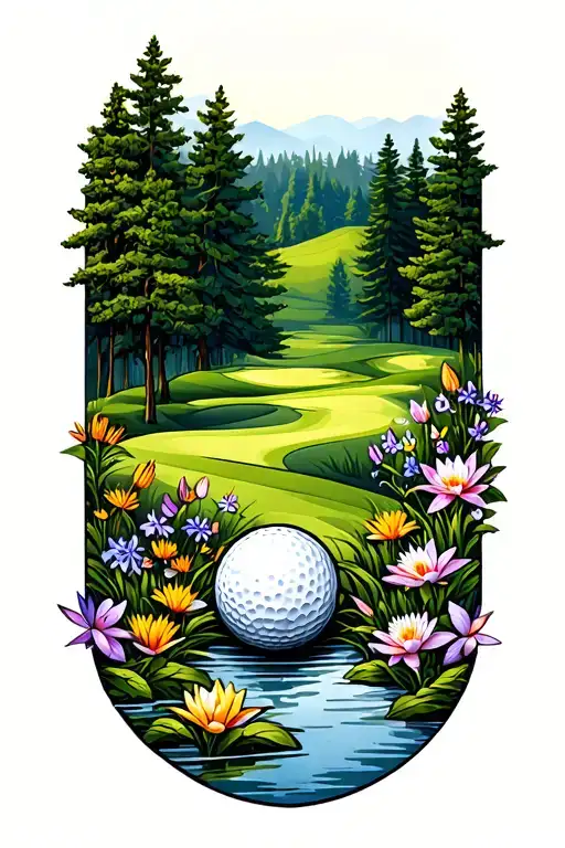 Golf Course Landscape With Golf Ball Rolling Hills Flowers Pine Trees Water Lily Larkspur Lace