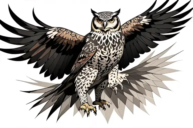Philippine Eagle Flying With Owl Above A Snow Leopard