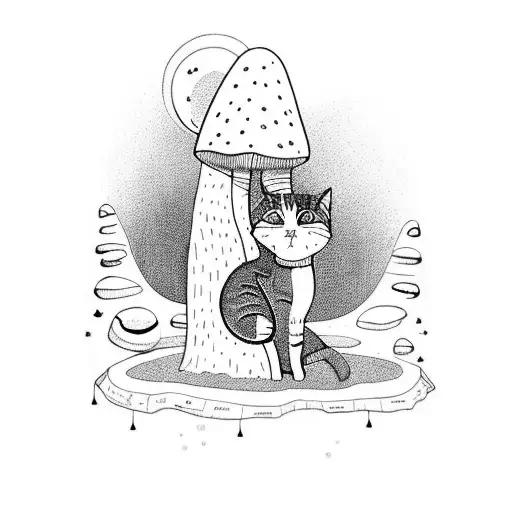 A Cat Sitting On A Giant Mushroom In A Whimsical Forest Setting
