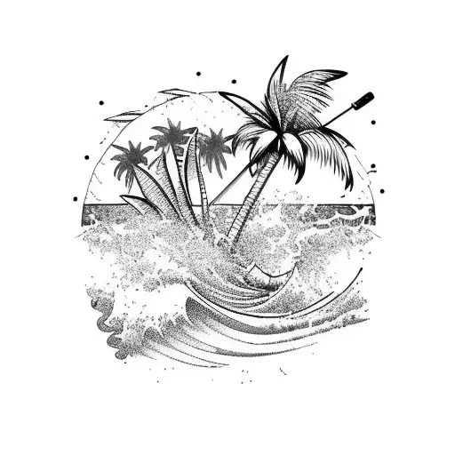 Fishing Rod With Palm Tree And Waves