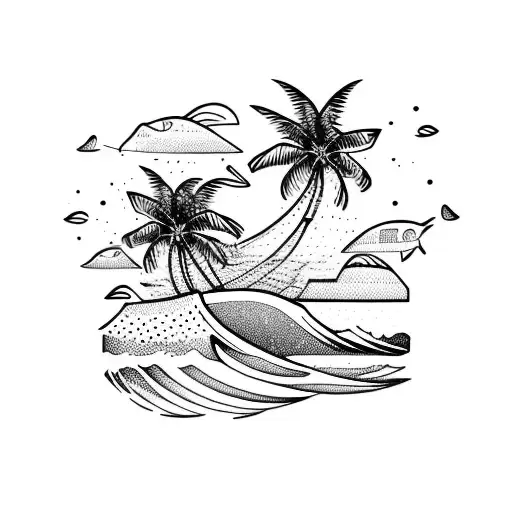 Fishing Rod With Palm Tree And Waves