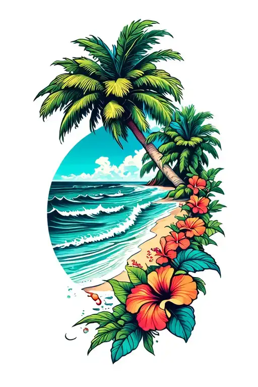 Beach With Palm Tree And Ocean Waves Crashing With Hibiscus Vine On The Right Side