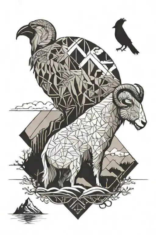 A Mountain Goat And A Raven Standing Together By Lake Van