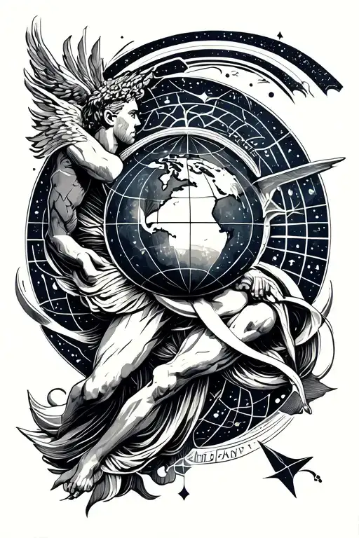 Atlas Carrying The World And Geometric Symbols Intertwined