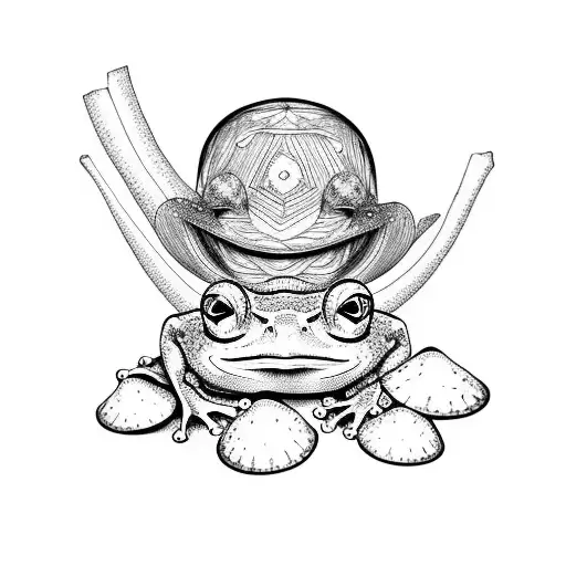 A Frog In A Hat Sits On A Stump With Mushrooms