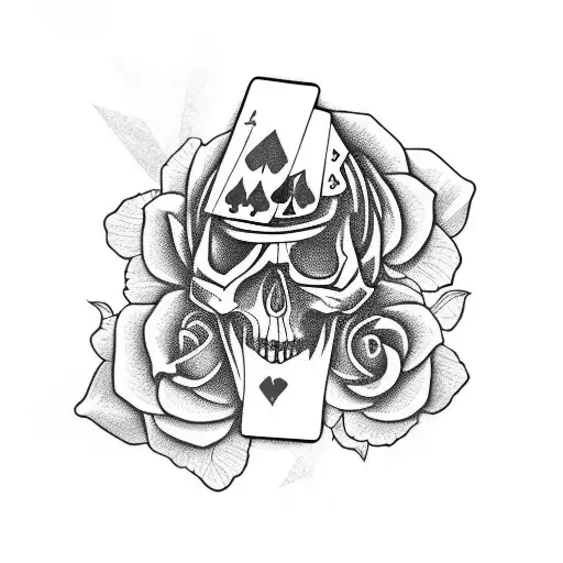 Skull With Black Jack Playing Cards And Roses